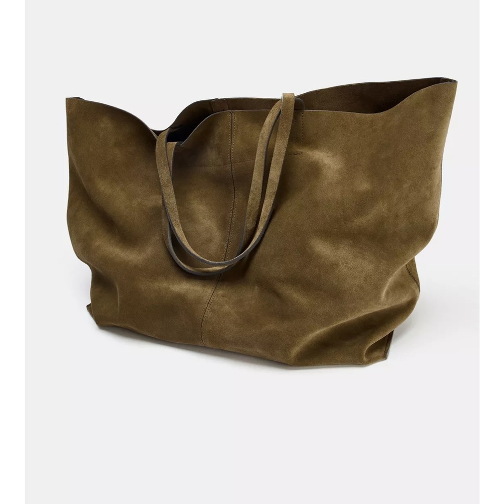 Zara Suede Maxi Shopper Bag Tote Olive Green 15x18" Shoulder Strap